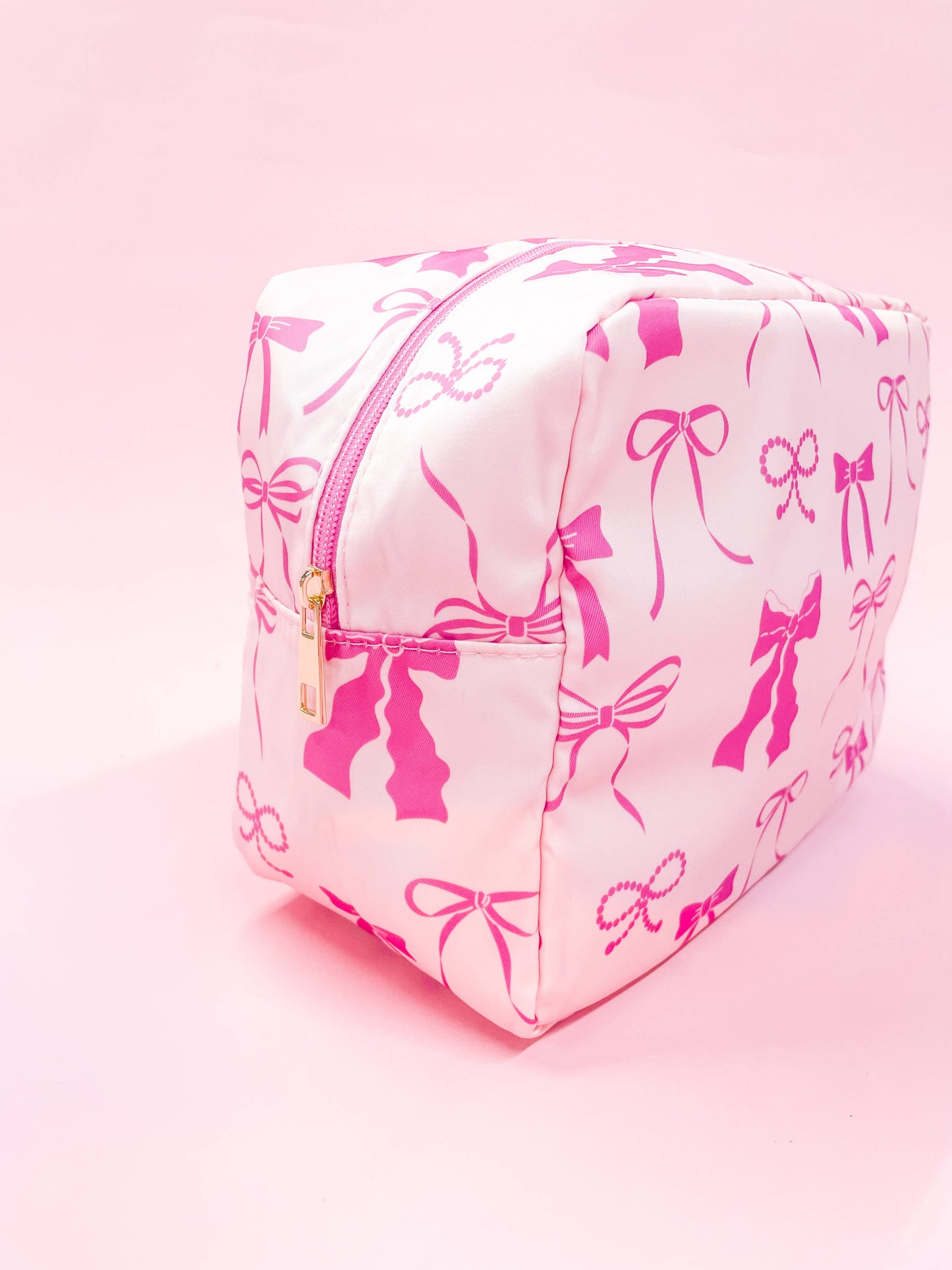 Pink Bows Nylon Cosmetic Zipper Bag: Small